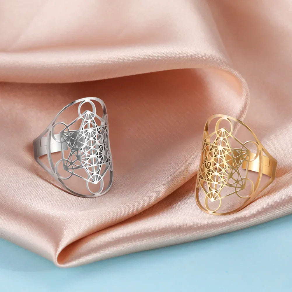Metatron'S Cube Ring Archangel Protection Women Ring Stainless Steel Jewelry