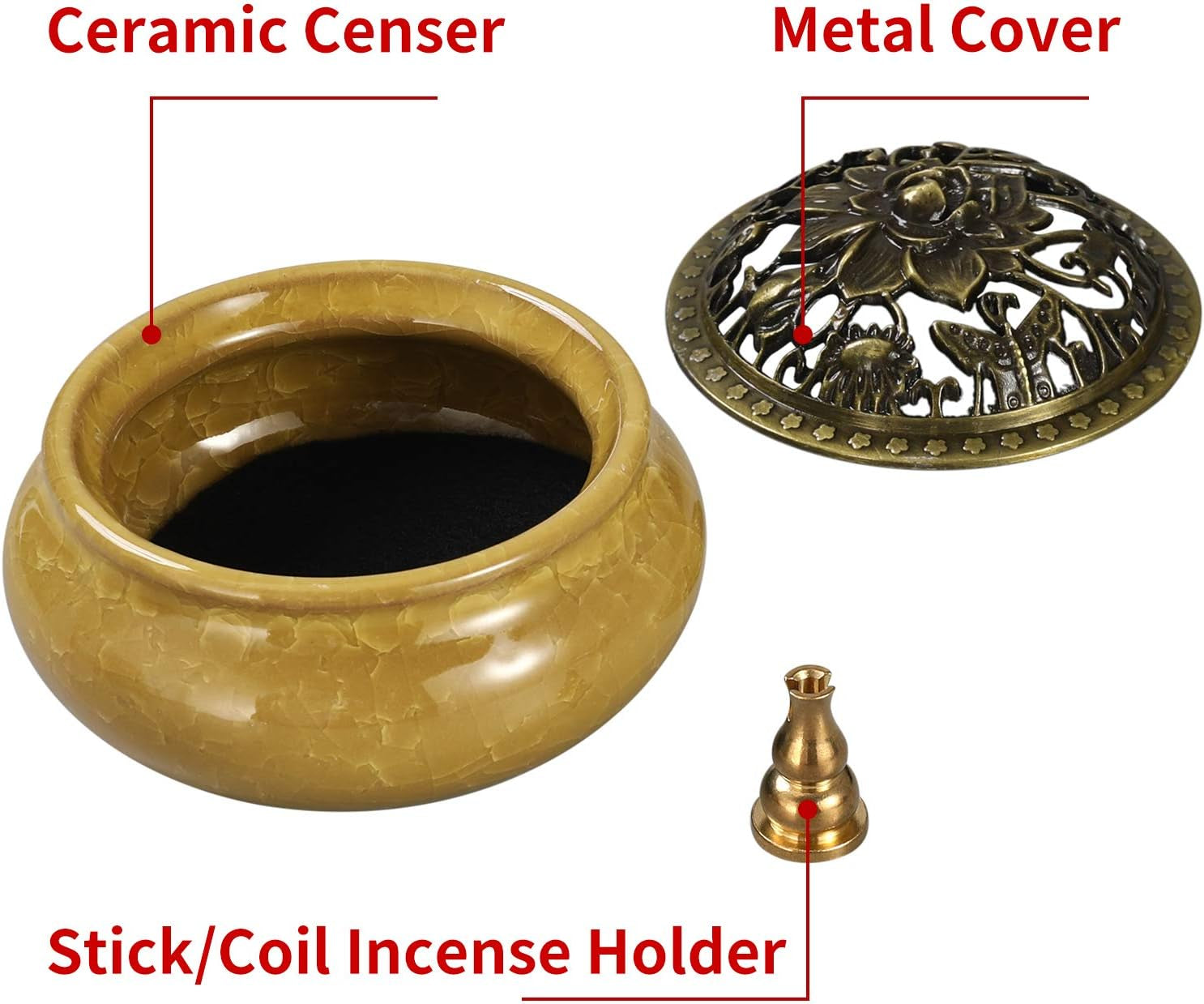 Incense Burner and Cone Incense Holder with Brass Incense Stick Holder Ceramic Ash Catcher