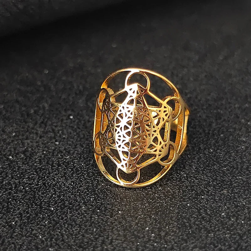 Metatron'S Cube Ring Archangel Protection Women Ring Stainless Steel Jewelry
