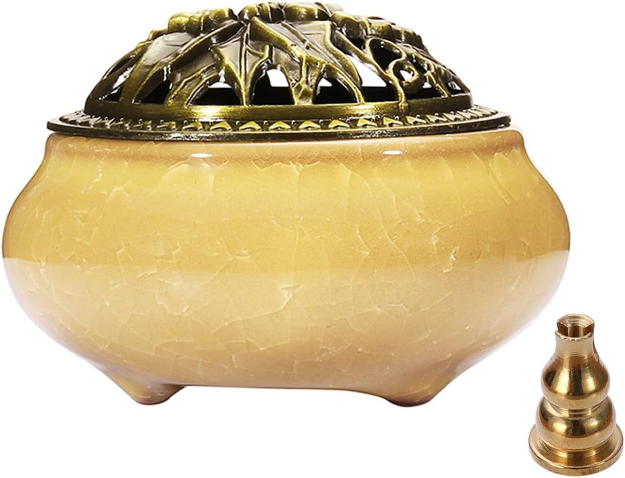 Incense Burner and Cone Incense Holder with Brass Incense Stick Holder Ceramic Ash Catcher